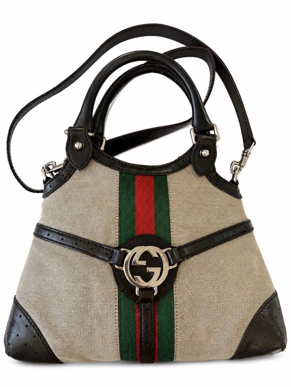 Gucci Beige Canvas Satchel with Green and Red Web Stripe and Black Trim